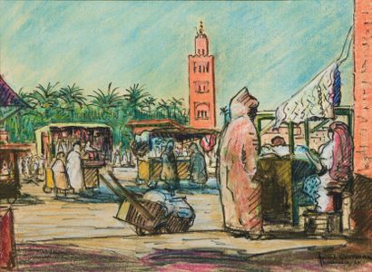 Armand CULTRERA de MONTALBANO (1901-1981) Place Djema El Fna, Marrakech, 1960. Pastel...