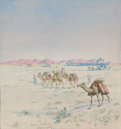 Charles LALLEMAND (1826-1904) Caravane dans le Sud tunisien. Aquarelle, signée en...