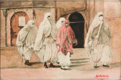 ANTONIO (XXème siècle) Femmes voilées. Aquarelle, signée en bas à droite. 20 x 30...