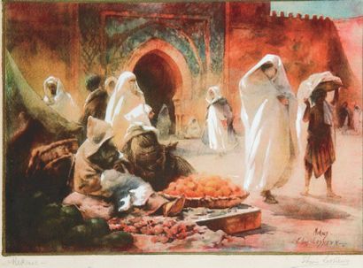 Emile Ernest LESSIEUX (1845-1928) Souk aux portes de Meknès. Lithographie en couleurs,...