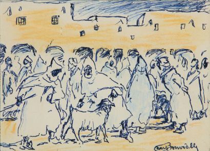 Maurice BOUVIOLLE (1893-1971) Le marché aux moutons à Ghardaïa. Dessin au stylo et...