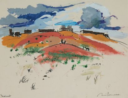 Renée BERNARD (Née en 1906) Vue de Boutilimit. Gouache et encre, signée en bas à...