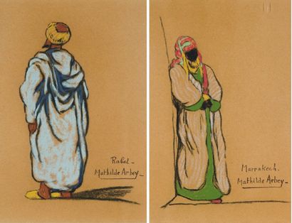 Mathilde ARBEY (1890-1966) Homme de Rabat - Femme de Marrakech. Deux dessins au pastel,...