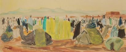 Stéphane MAGNART (Né en 1917) Souk Bab El Khemis, Marrakech. Aquarelle, signée en...