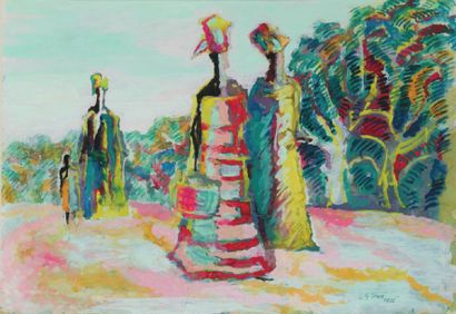 Gérard SEKOTO (1913-1993) Femmes africaines rentrant du marché. Gouache, signée en...