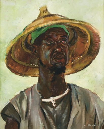 Jean POULAIN (1884-1967) Africain au chapeau. Huile sur panneau, signée en bas à...