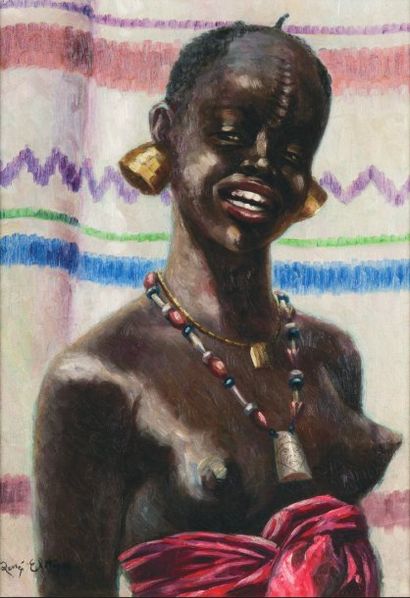 Renée ELTTES (XXème siècle) Africaine aux bijoux. Huile sur toile, signée en bas...