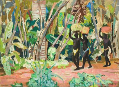 Lucien MARTIAL (1892-1987) Trois africains dans la forêt. Huile sur toile, signée...