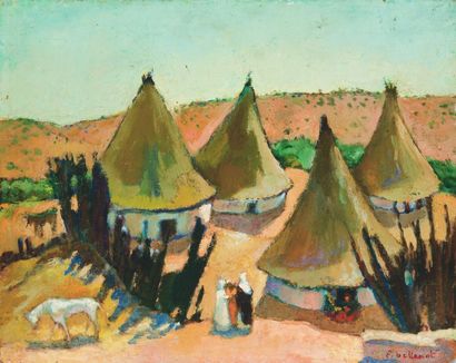 Félix BELLENOT (1892-1963) Un village d'Afrique Noire. Huile sur carton, signé en...