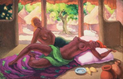 Fernand COLLOMB (1902-1981) Deux africaines dans une case. Huile sur toile, signée...