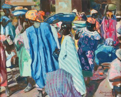 Jacques MAJORELLE (1886-1962) Marché à Bamako. Technique mixte sur toile, signée...