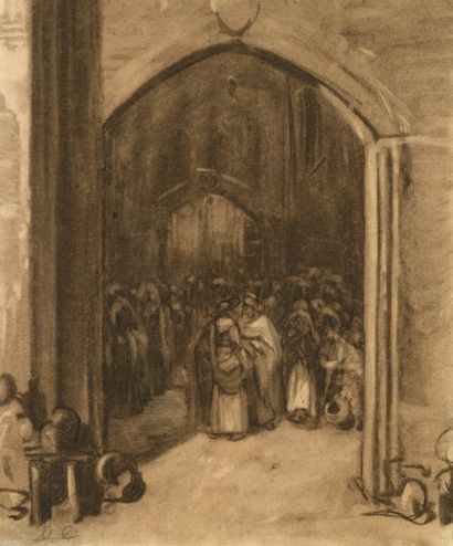 Alexandre Gabriel DECAMPS (1803-1860) La sortie de la Mosquée. Dessin au fusain et...