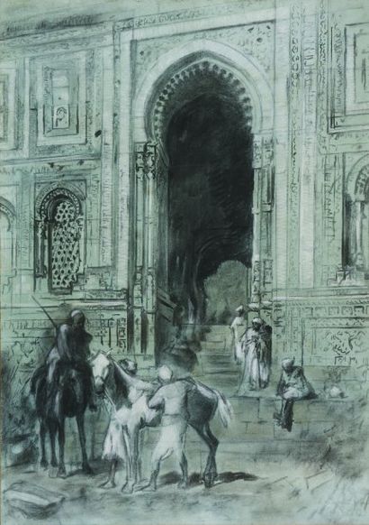 Edwin Lord WEEKS (1849-1903) A la sortie de la mosquée. Fusain et craie blanche,...