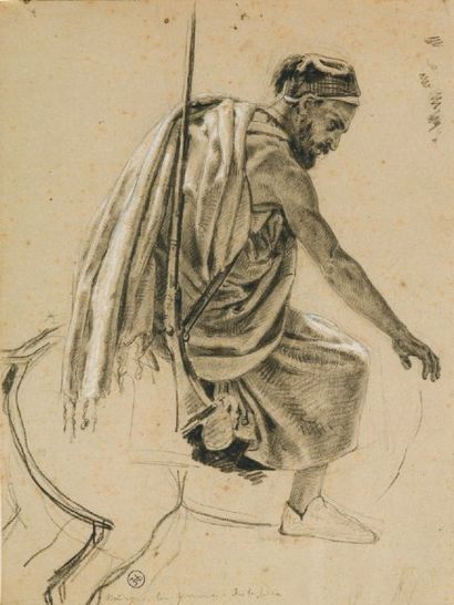 Edouard LEFEVRE (XIXème-XXème) Etude pour un cavalier arabe. Dessin au crayon, rehauts...