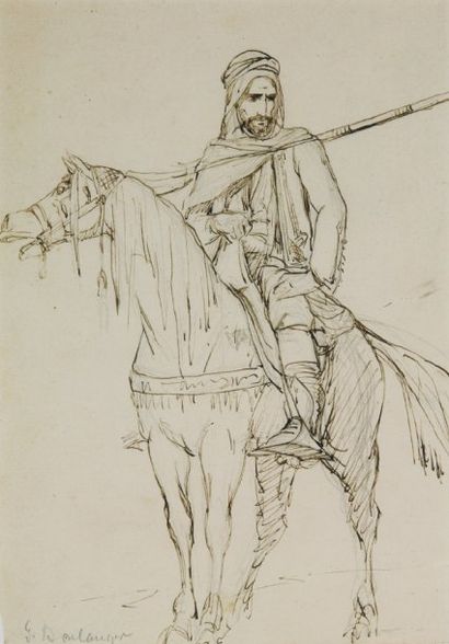 Gustave BOULANGER (1824-1888) Cavalier algérien. Deux dessins à la plume et encre...