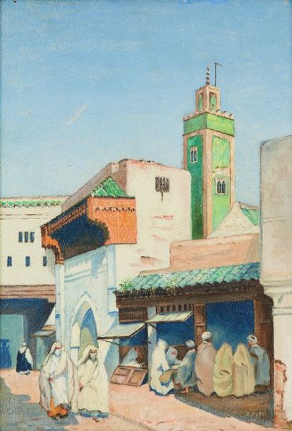 R. PETRI (XIX-XXème siècle) Rue animée, Maroc. Huile sur carton, signée en bas à...