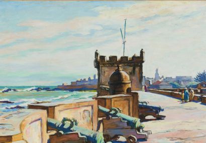 Louis RIOU (1893-1958) « Les canons d'Essaouira ». Huile sur panneau, signée en bas...