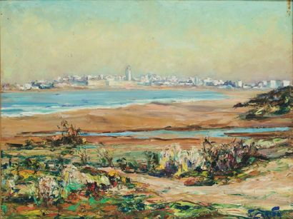 Francis CARIFA (1890-1975) « L'Ancienne Mogador vue de la plage ». Huile sur panneau,...