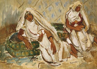 Monique CRAS ( née en 1910) Marocaines sur le sofa. Huile sur carton épais, signée...