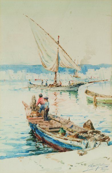 Léon CAUVY (1874-1933) Sur les quais du port d'Alger. Aquarelle et gouache, signée...