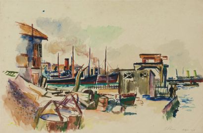 Louis RIOU (1893-1958) Port d'Alger. Aquarelle, signée, située et datée en bas à...