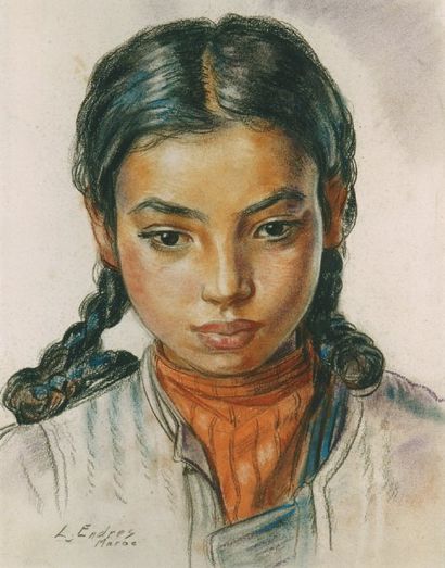 Louis John ENDRES (1896-1989) Jeune fille marocaine aux tresses. Pastel, signé et...