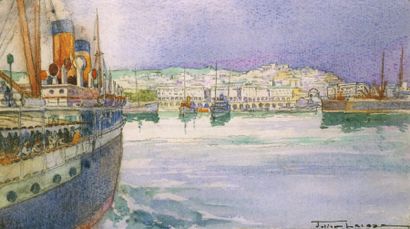 Julien LACAZE (1886-1971) Arrivée d'un Paquebot dans le Port d'Alger. Aquarelle,...
