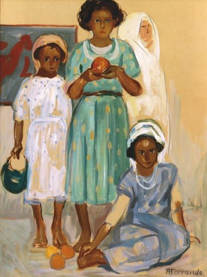 Augustin FERRANDO (1880-1957) Famille oranaise. Gouache marouflée sur toile, signée...