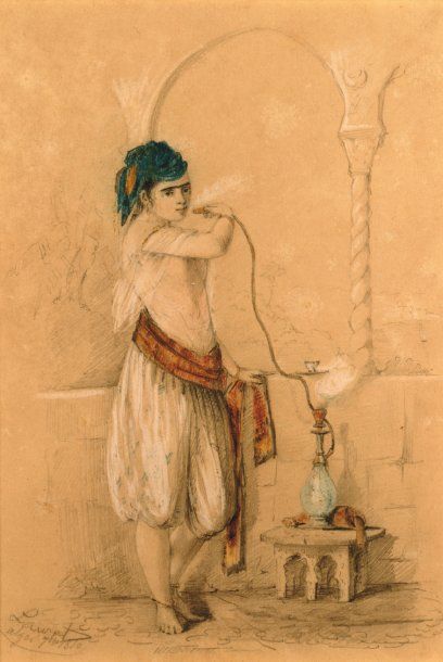 Emmanuel LAURET dit LAURET-AINÉ(1809-1882) Jeune algéroise fumant le narghilé. Dessin...