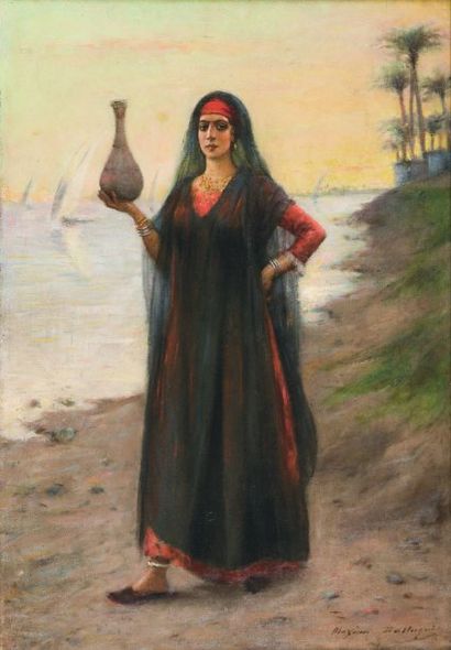 Maxime DASTUGUE (1851-1909) Porteuse d'eau au bord du Nil, Egypte. Huile sur toile,...