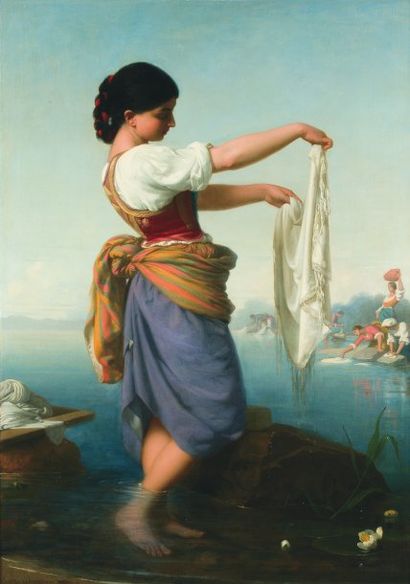 Rudolph W.A. LEHMANN (1819-1905) La lavandière au caraco oriental. Huile sur toile,...