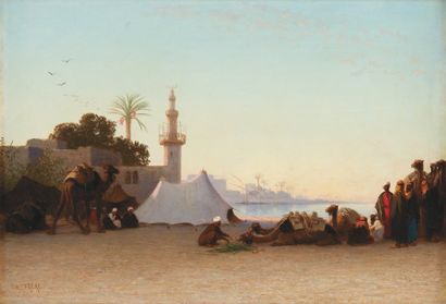 Charles Théodore FRERE (1814-1888) Halte à Gyzeh, Haute Egypte Huile sur panneau...