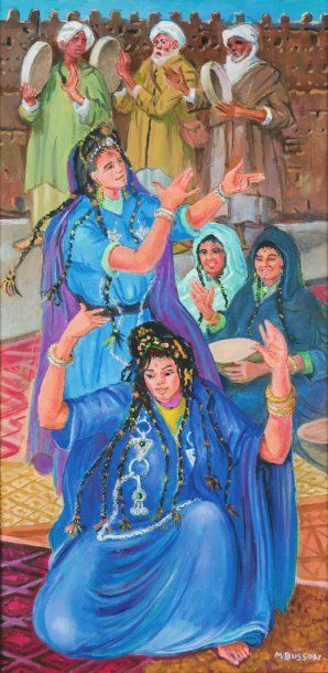 Marcel BUSSON (né en 1913) Danseuses de guédra à Ouarzazate. Huile sur toile, signée...