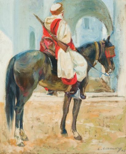 Léon CAUVY (1874-1933) Cavalier arabe. Huile sur toile, signée en bas à droite. 63...