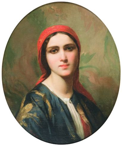 Charles LANDELLE (1821-1908) Beauté orientale au voile rouge. Huile sur toile, signée...