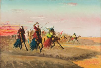 Vincent MANAGO (1880-1936) La course de chameaux. Huile sur toile, signée en bas...