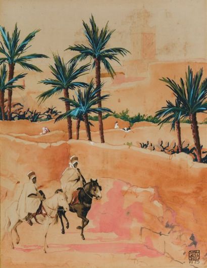 Karl GULLBERG (1884-1951) Cavaliers dans une oasis. Gouache et Aquarelle, signée...