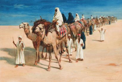 Attribué à Johnn Edwin GOODALL (XIXème siècle) Caravane dans le désert. Aquarelle,...
