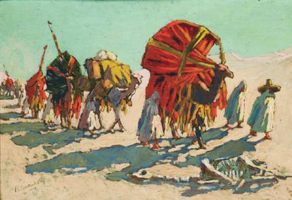 Ronan LOTH (1893- ?) Caravane dans le désert. Huile sur panneau, signée en bas à...