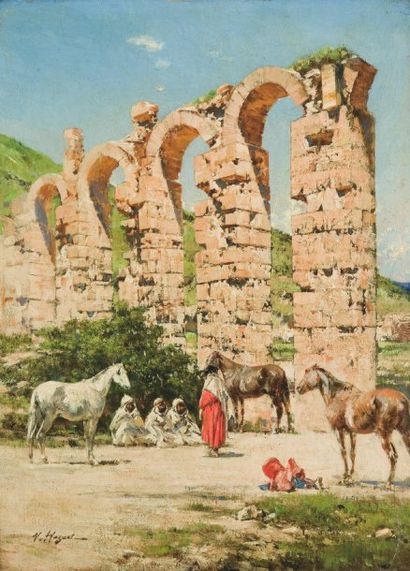 Victor HUGUET (1835-1902) La halte des chevaux devant les ruines de l'Aqueduc de...
