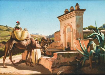 Alexandre Antoine GIRARDOT (1815- ?) La halte à la fontaine. Huile sur toile, signée...