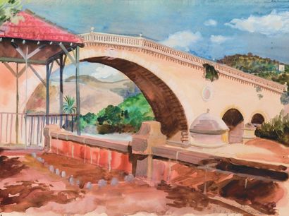 Emile DESCHLER (né en 1910) « Le pont du Pacha, Beyrouth ». Aquarelle, signée, située...