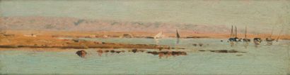 Pierre Narcisse BERCHERE (1819-1891) Les bords du Nil. Huile sur panneau d'acajou,...