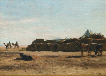 Pierre Narcisse BERCHERE (1819-1891) Le village à l'entrée du désert. Huile sur panneau,...