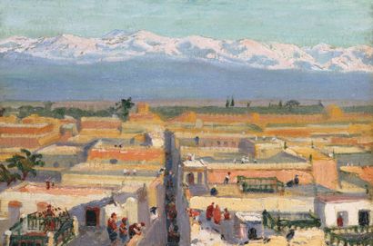 Maurice BUSSET (1879-1936) Les Terrasses de Marrakech, devant l'Atlas Huile sur toile...