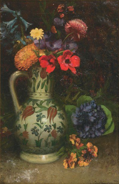 Louis ANTHONISSEN (1849-1913) Bouquet de fleurs au pichet d'Iznik. Huile sur toile,...