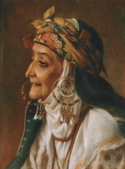 Charles BRUN (1826-1908) Portrait d'une femme kabyle. Huile sur carton, signée en...