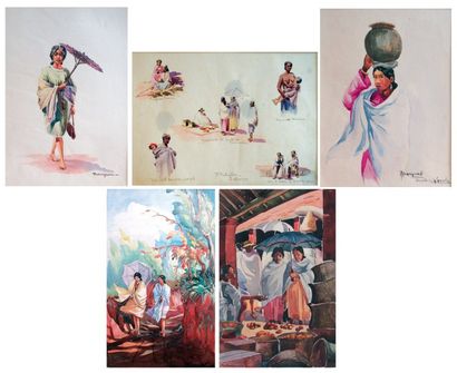 null Suite de seize aquarelles de peintres Malgaches des années 1920 et 1930. Par...