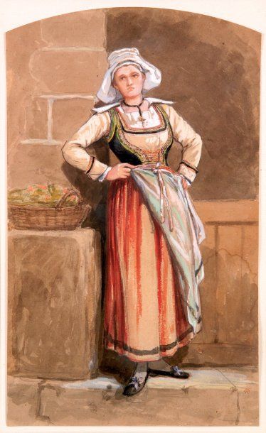 École française du XIXe siècle. "Marchande en costume traditionnel". Lavis, aquarelle...