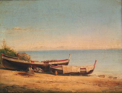 REGNY Alphée de (Lyon 1799 - Genève 1881). "Barque sur un rivage d'Italie avec deux...